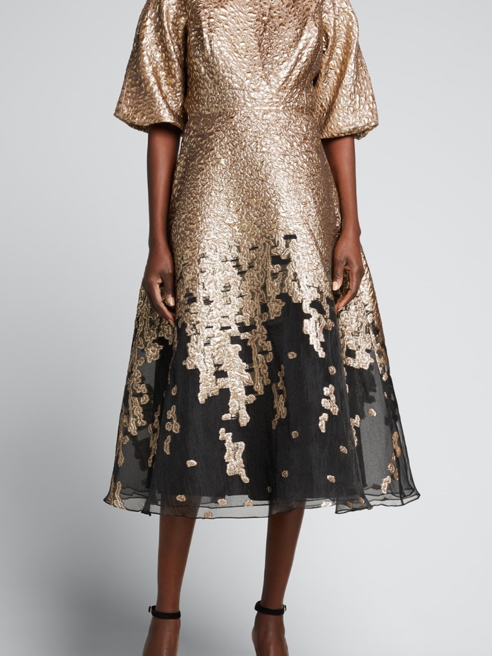 Teri Jon by Rickie Freeman Gold Jacquard Puff Sleeves Midi Dress